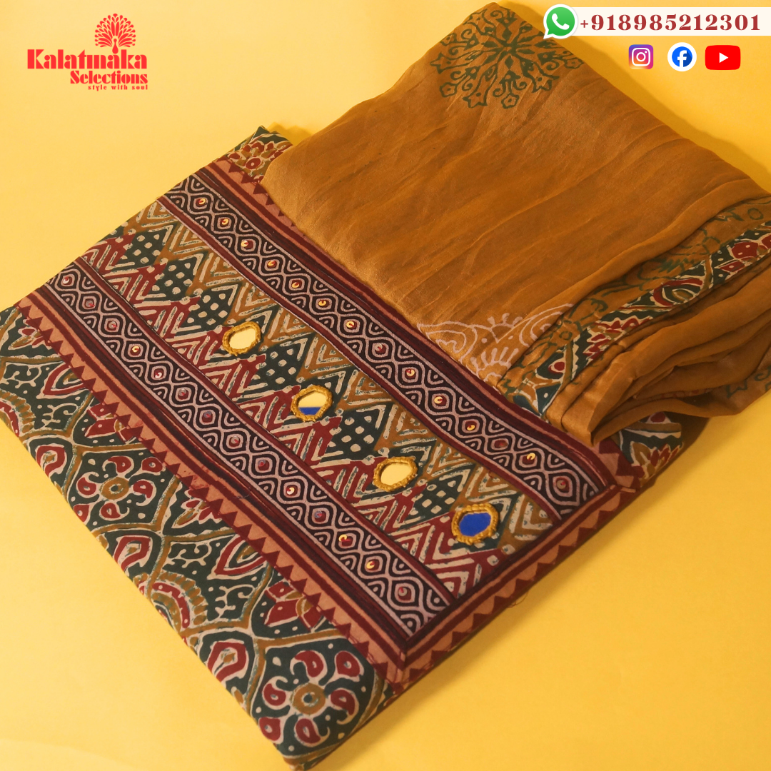 Green and Red Kalamkari Printed Dress Material with Mirrors and Mustard Bottom