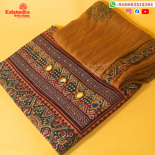 Green and Red Kalamkari Printed Dress Material with Mirrors and Mustard Bottom