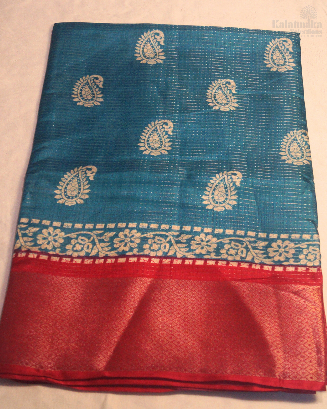 Blue Printed Banaras Silk with Zari Border and all over Zari Check