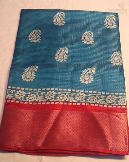 Blue Printed Banaras Silk with Zari Border and all over Zari Check