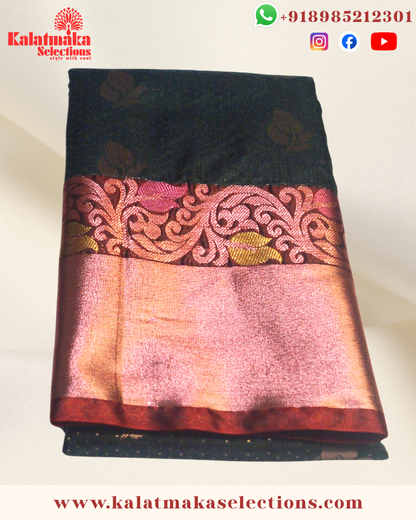 Dark Green Pattu Saree with contrast border with copper butta and copper border with blouse
