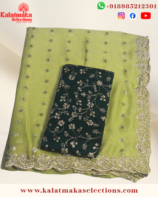 Mehandi Green Chiffon work saree with silver and golden all over butta with blouse