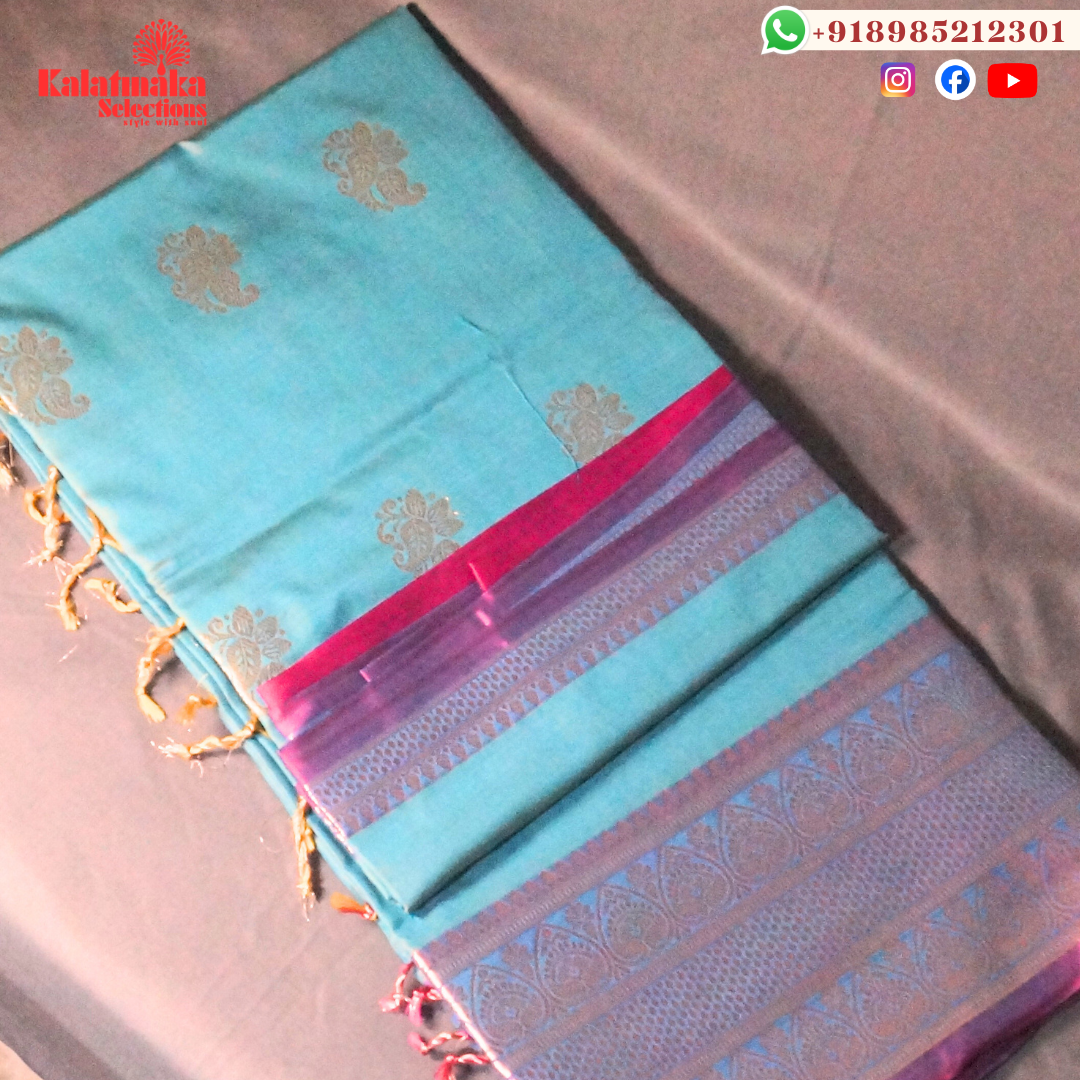 Sea Blue Uppada Soft Pattu Saree with all over Boota Design and Purple Mix Border with Tussels