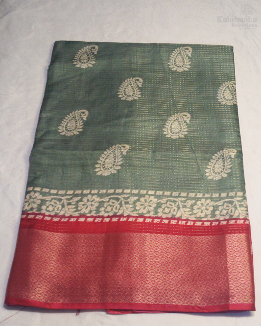 Smokey Green Printed Banaras Silk with Zari Border and all over Zari Check