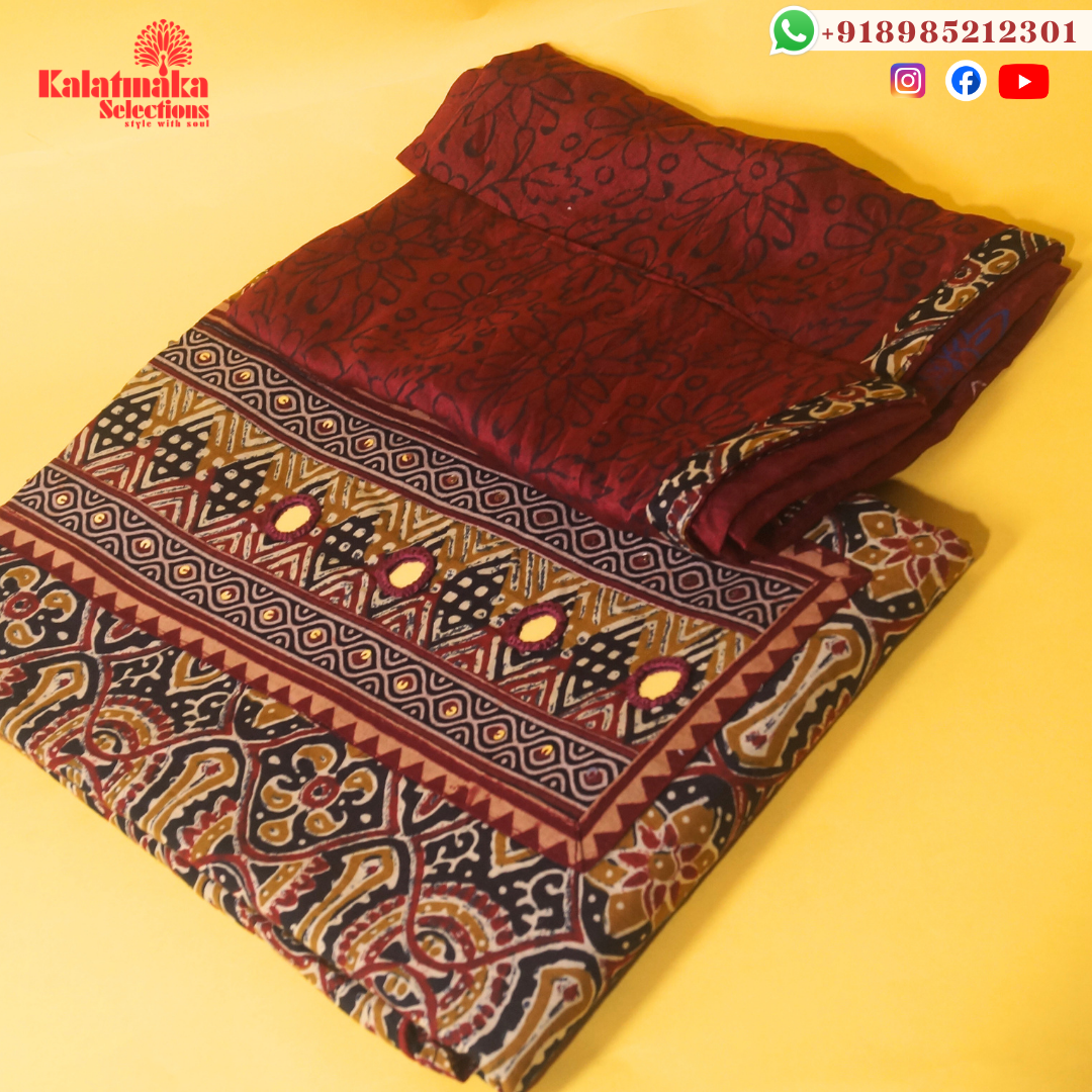 Cream and Black Kalamkari Printed with Mirrors Dress Material with Red Bottom