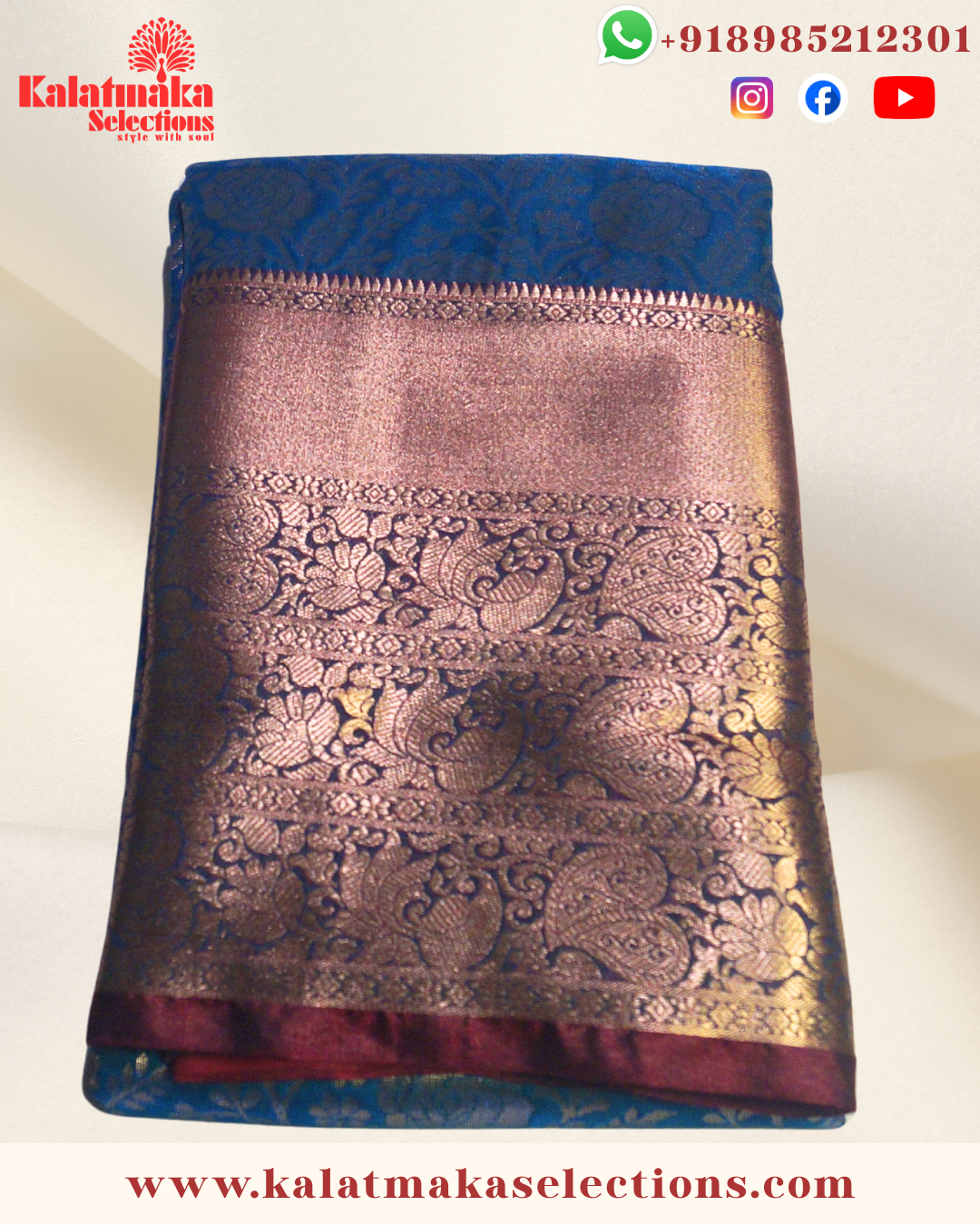 Sea Blue Color Kancipattu saree with all over golden zari and cooper border with blouse