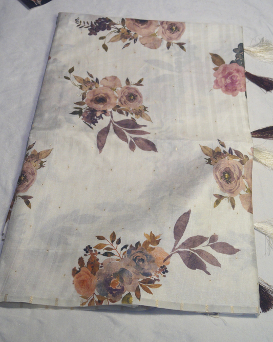 Banaras Soft Tasar Silk Saree with Tussles and Printed Blouse