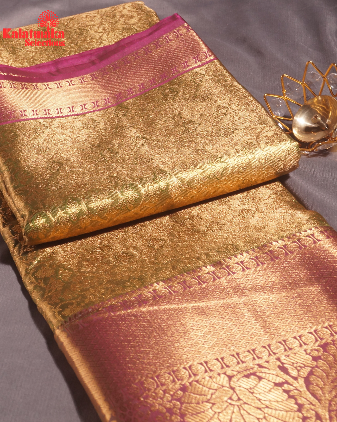 Green with Golden Work and Purple Border Padia Pattu Saree