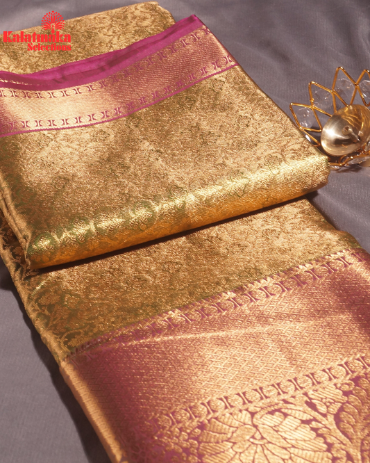 Green with Golden Work and Purple Border Padia Pattu Saree