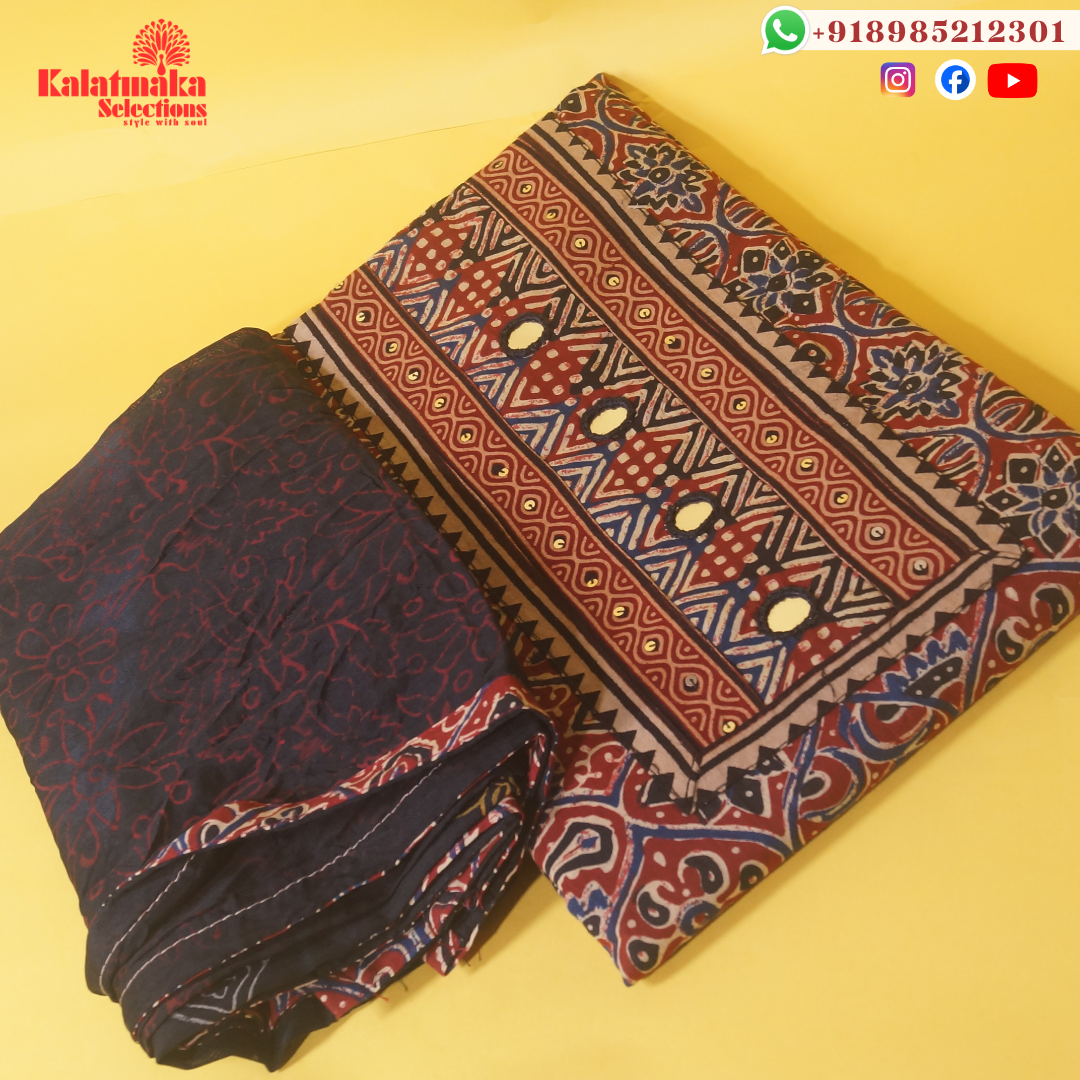 Red and Cream Kalamkari Printed with Mirrors Dress Material and Black Bottom