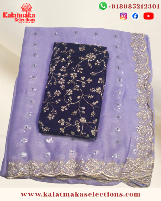 Purple Chiffon work saree with silver and golden all over butta with Thick Purple Blouse