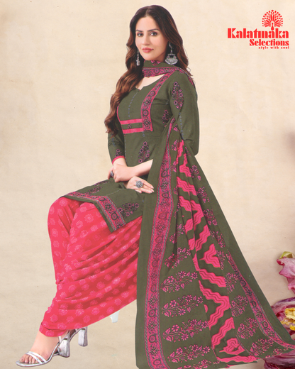 Moss Green and Raspberry Pink Color Pure Cotton Dress Material