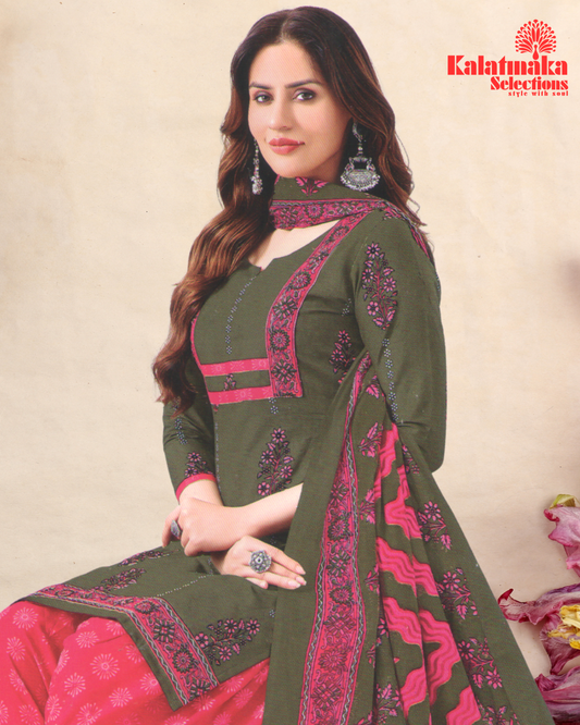 Moss Green and Raspberry Pink Color Pure Cotton Dress Material