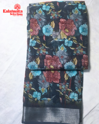 Navy Blue Floral Design Linen Fancy Saree