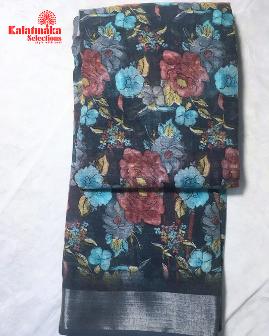 Navy Blue Floral Design Linen Fancy Saree
