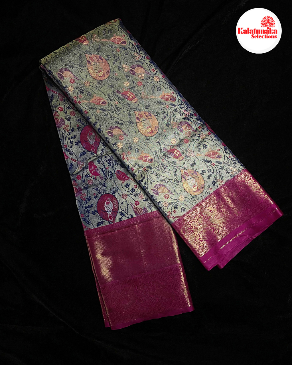 Mustard Kanchi Pattu Saree with Pink Peacock Border & Multicolor Bird Design
