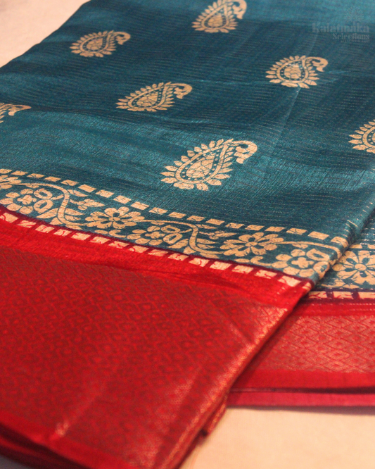 Blue Printed Banaras Silk with Zari Border and all over Zari Check