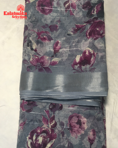 Silver Floral Design Linen Fancy Saree