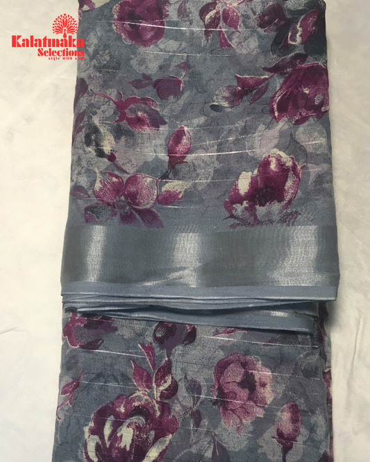 Silver Floral Design Linen Fancy Saree