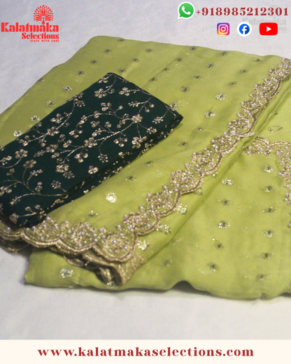 Mehandi Green Chiffon work saree with silver and golden all over butta with blouse
