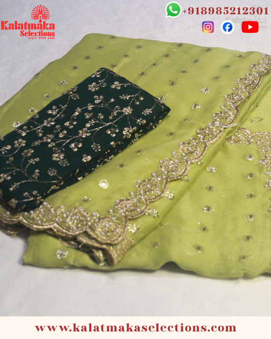 Mehandi Green Chiffon work saree with silver and golden all over butta with blouse