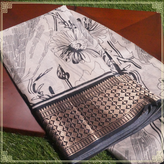 White and Black Floral Design Fancy Saree