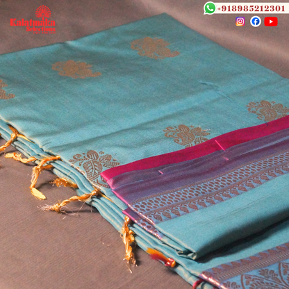 Sea Blue Uppada Soft Pattu Saree with all over Boota Design and Purple Mix Border with Tussels