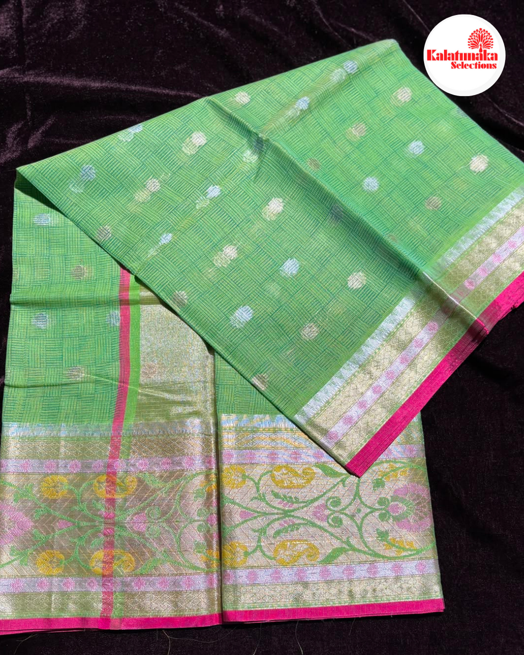 Green Zari Kota Fancy Saree with All Over Silver Butta Design and Golden Multi-Color Border