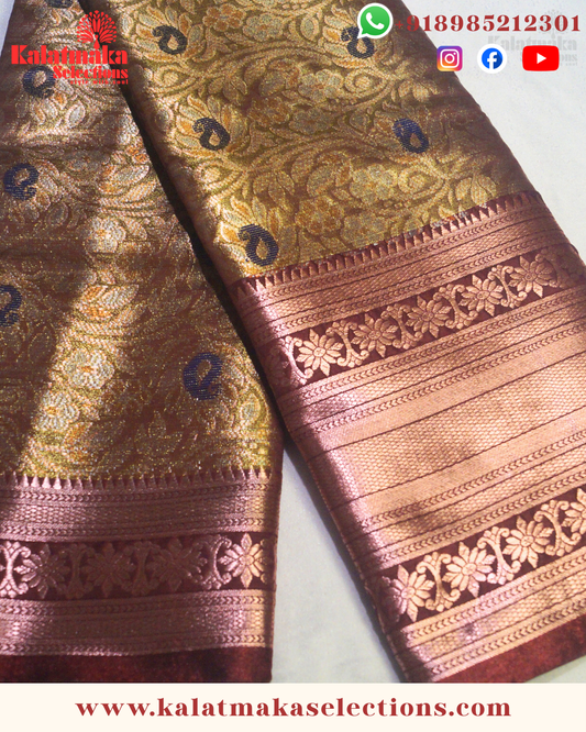 Copper Color Kanchi pattu saree with all over golden zari and cooper border with blouse