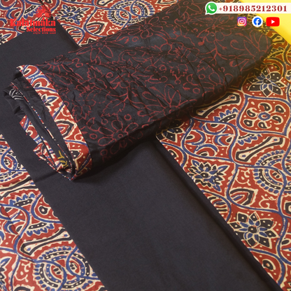 Red and Cream Kalamkari Printed with Mirrors Dress Material and Black Bottom