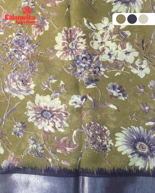Olive Green Design Linen Fancy Saree
