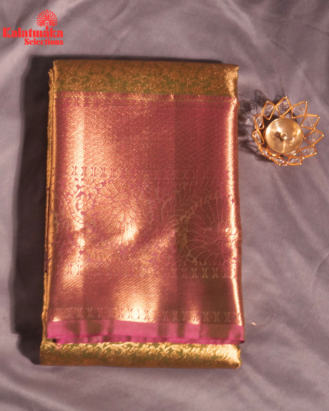 Green with Golden Work and Purple Border Padia Pattu Saree
