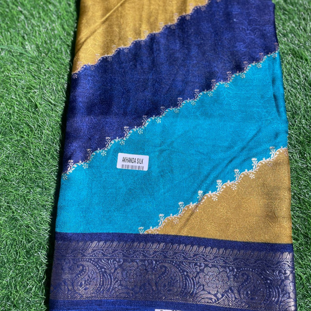 Multi Color Akhanda Silk Saree with Rich Silver Border