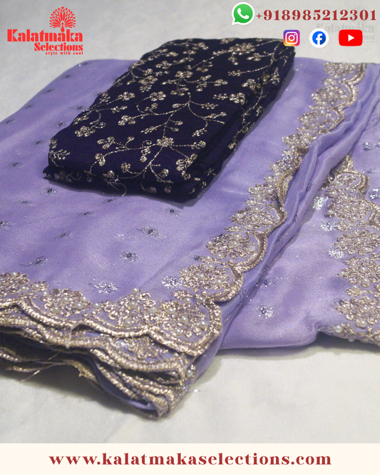 Purple Chiffon work saree with silver and golden all over butta with Thick Purple Blouse