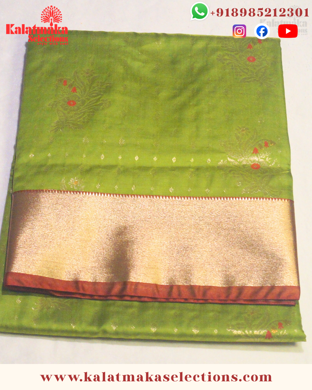 Mehandi Green Color Pattu saree with contrast border and contrast blouse with golden meena work