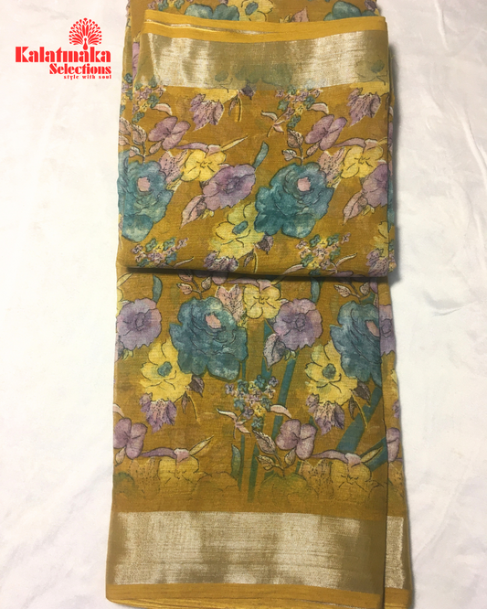 Mustard Floral Design Linen Fancy Saree