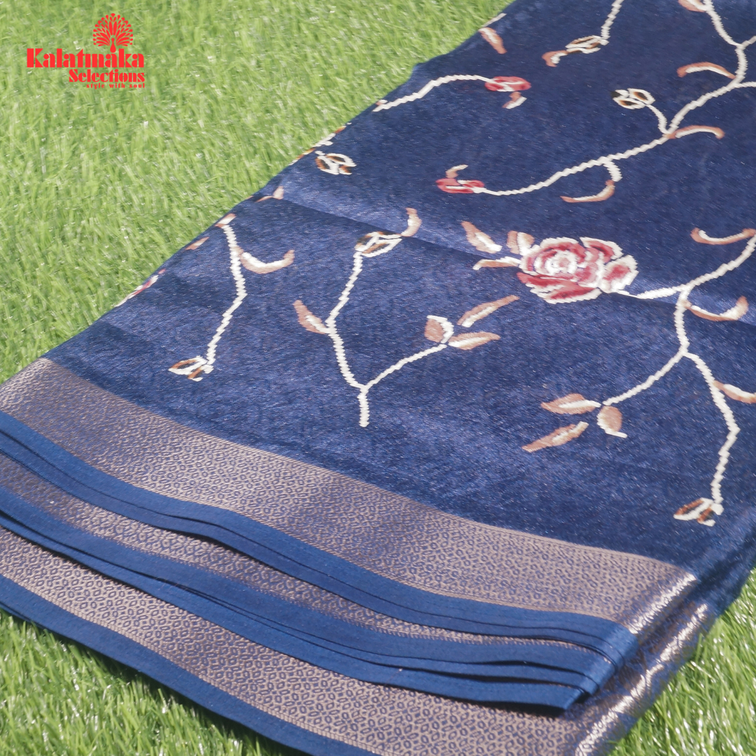 Dark Blue Printed Zakkard Silk Saree