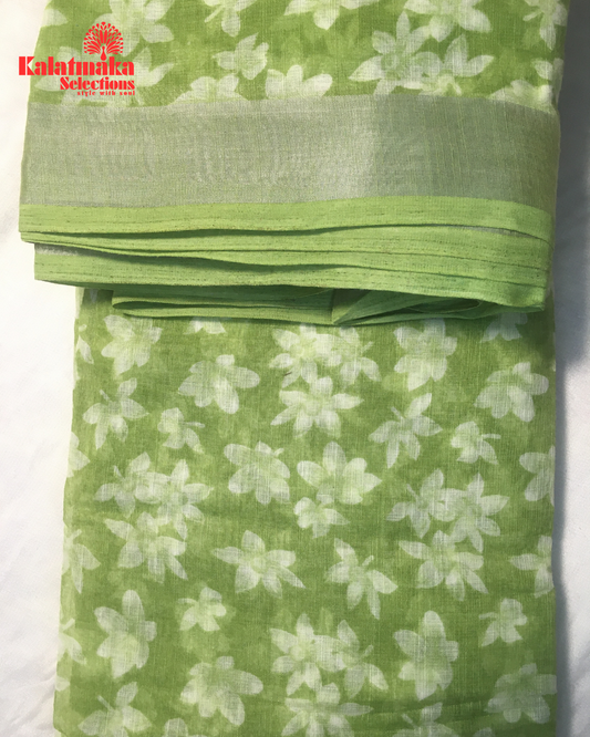 Green Floral Design Linen Fancy Saree