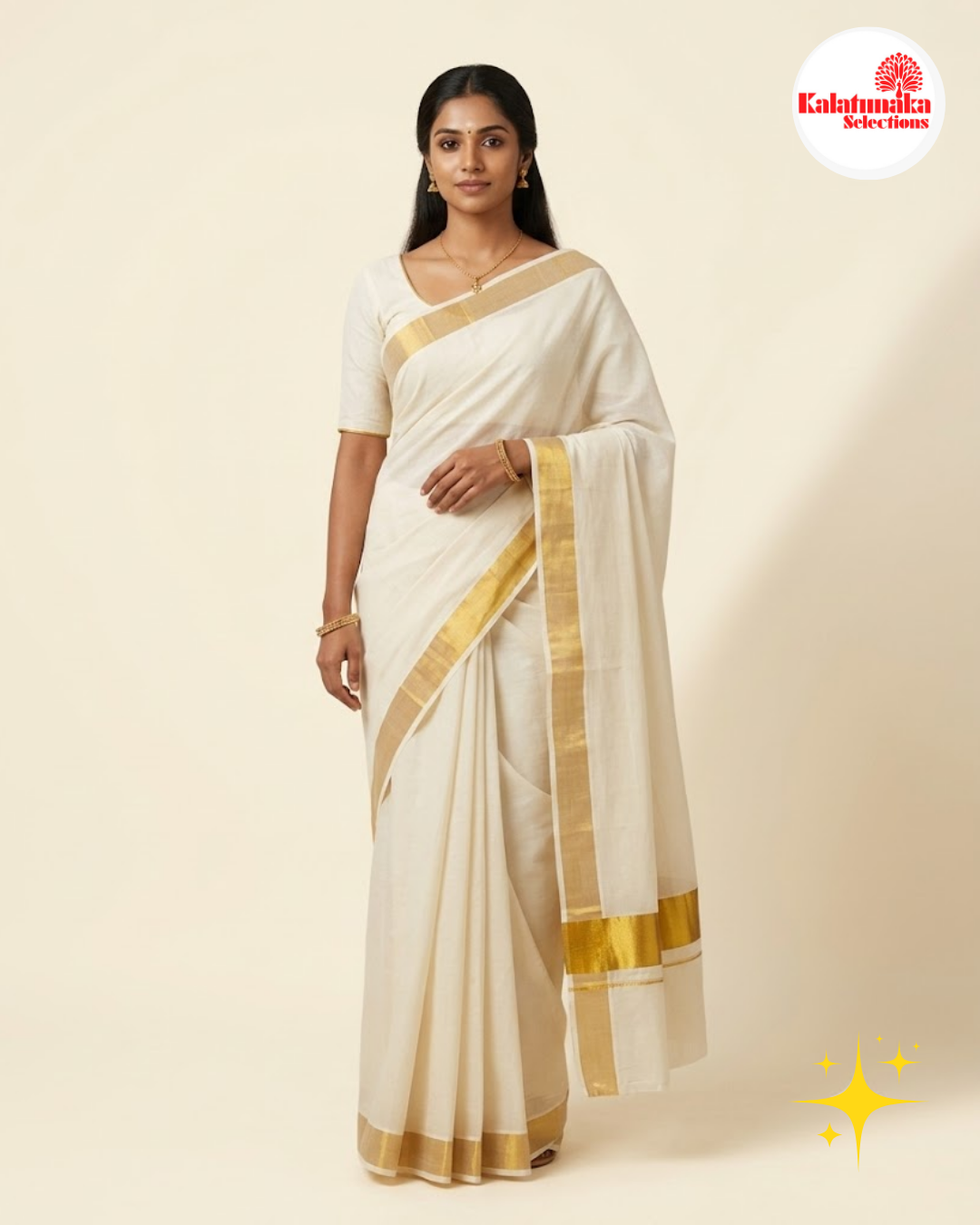 Pure Handloom Kerala Cotton Saree with Golden Border