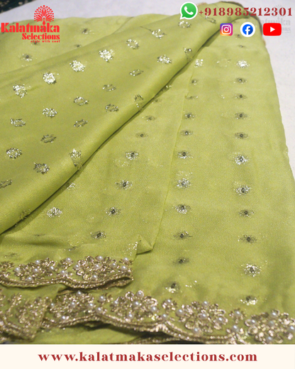 Mehandi Green Chiffon work saree with silver and golden all over butta with blouse