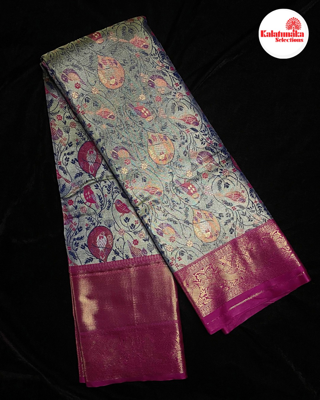 Mustard Kanchi Pattu Saree with Pink Peacock Border & Multicolor Bird Design
