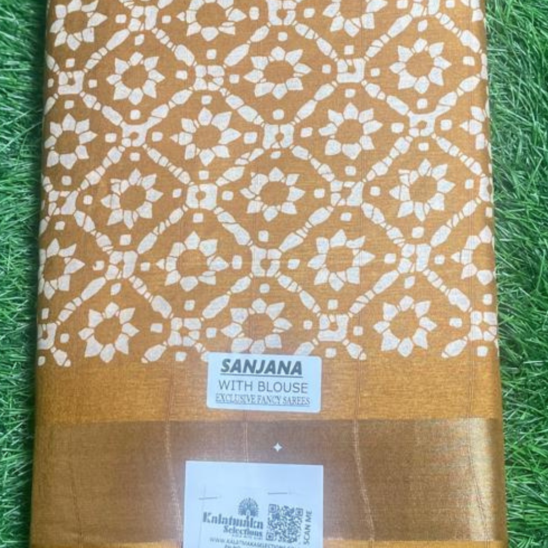 Mustard Printed Fancy Saree with Golden Border