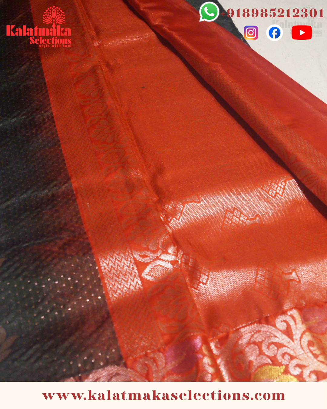 Dark Green Pattu Saree with contrast border with copper butta and copper border with blouse