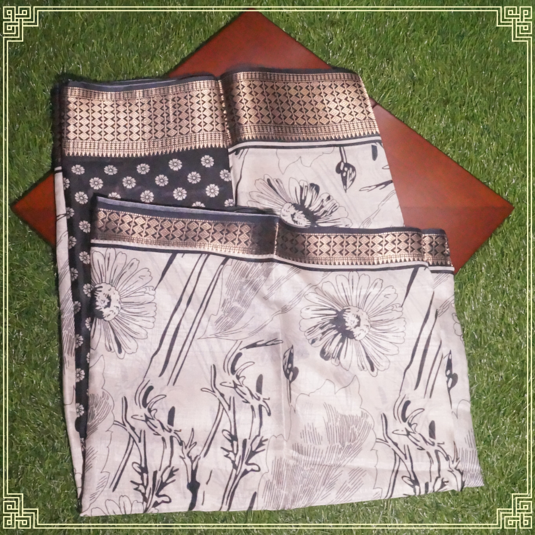 White and Black Floral Design Fancy Saree