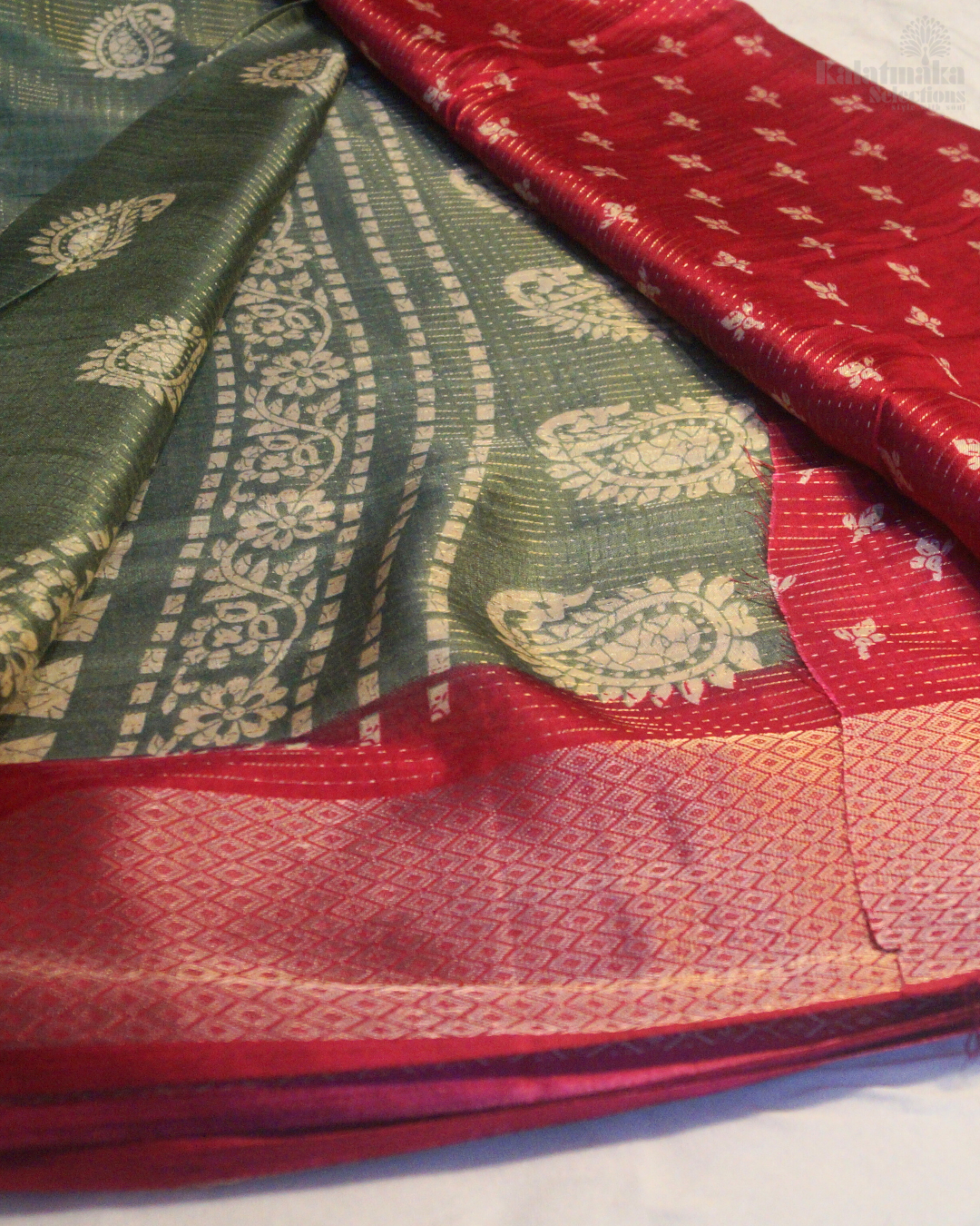 Smokey Green Printed Banaras Silk with Zari Border and all over Zari Check