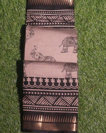 Black and Brown Mashru Silk Saree with Golden Temple Border