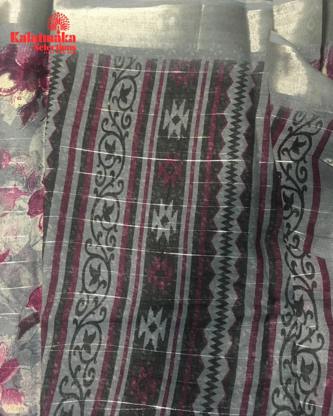 Silver Floral Design Linen Fancy Saree