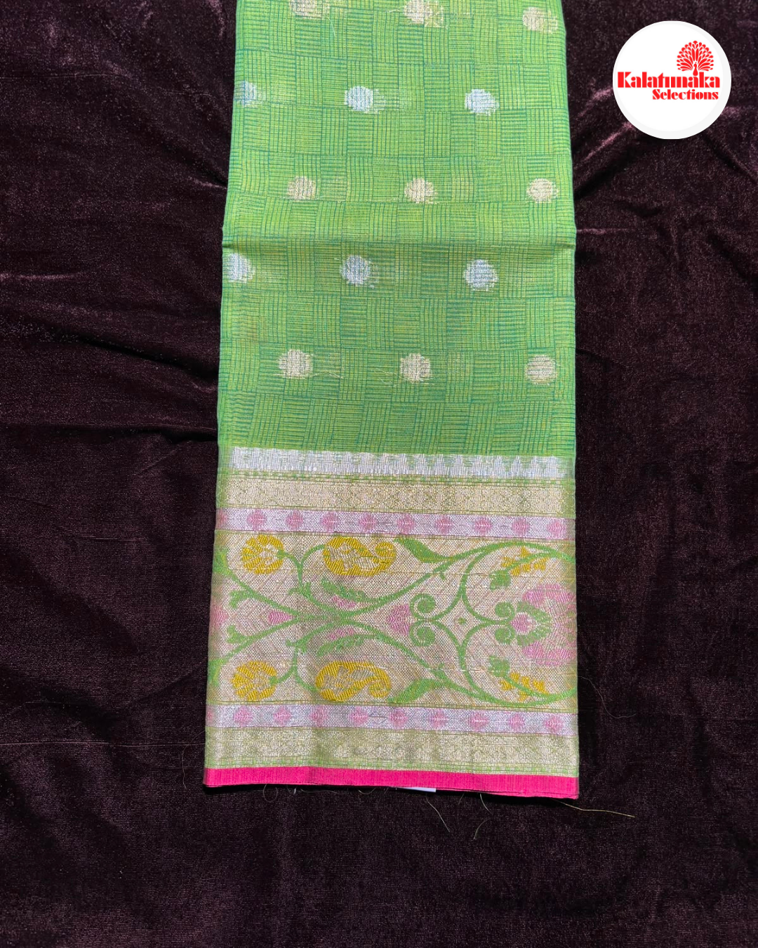 Green Zari Kota Fancy Saree with All Over Silver Butta Design and Golden Multi-Color Border
