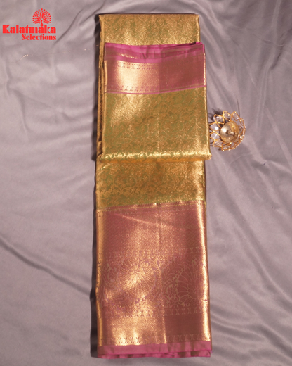 Green with Golden Work and Purple Border Padia Pattu Saree