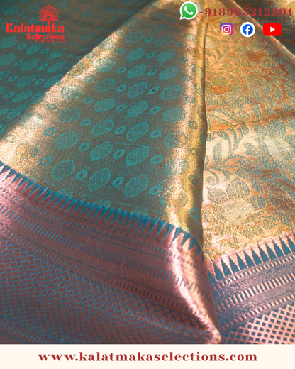 Green Kanchipattu Saree with All Over Golden Zari and Copper Border with Blouse
